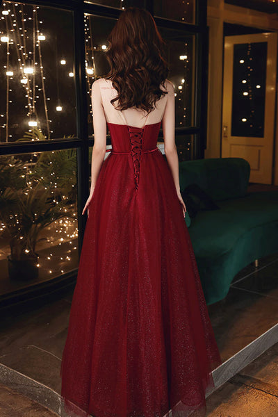 Shiny Round Neck Burgundy Long Tulle Prom Dresses, Wine Red Long Tulle Formal Evening Dresses