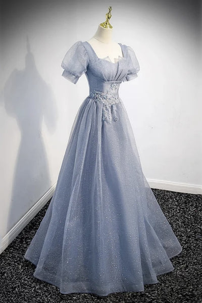 Shiny Short Sleeves Light Blue Long Prom Dresses, Shiny Short Sleeves Light Blue Formal Evening Dresses