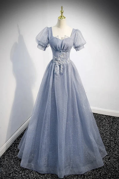 Shiny Short Sleeves Light Blue Long Prom Dresses, Shiny Short Sleeves Light Blue Formal Evening Dresses