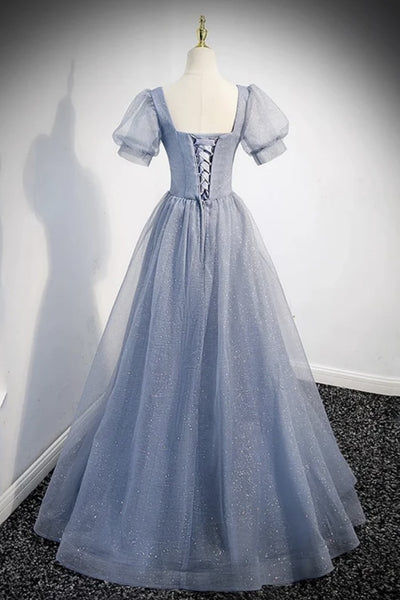 Shiny Short Sleeves Light Blue Long Prom Dresses, Shiny Short Sleeves Light Blue Formal Evening Dresses