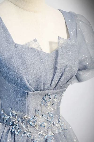 Shiny Short Sleeves Light Blue Long Prom Dresses, Shiny Short Sleeves Light Blue Formal Evening Dresses