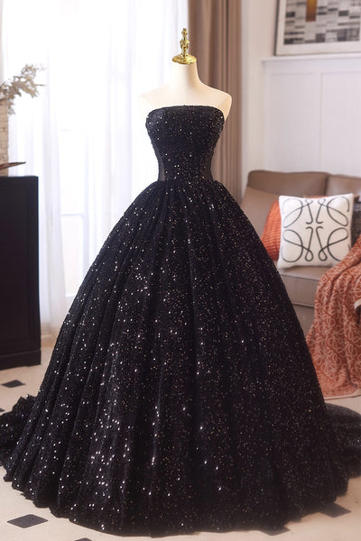 Shiny Strapless Black Long Prom Dresses, Black Long Formal Evening Dresses