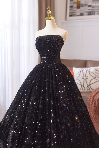 Shiny Strapless Black Long Prom Dresses, Black Long Formal Evening Dresses
