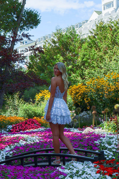 Short Black White Blue Lace Prom Dresses, Short Black White Blue Lace Formal Homecoming Dresses