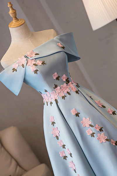 Short Light Blue Floral Prom Dresses, Short Floral Blue Formal Homecoming Dresses