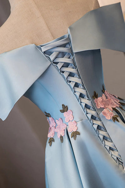 Short Light Blue Floral Prom Dresses, Short Floral Blue Formal Homecoming Dresses