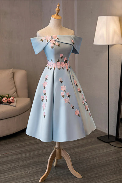 Short Light Blue Floral Prom Dresses, Short Floral Blue Formal Homecoming Dresses