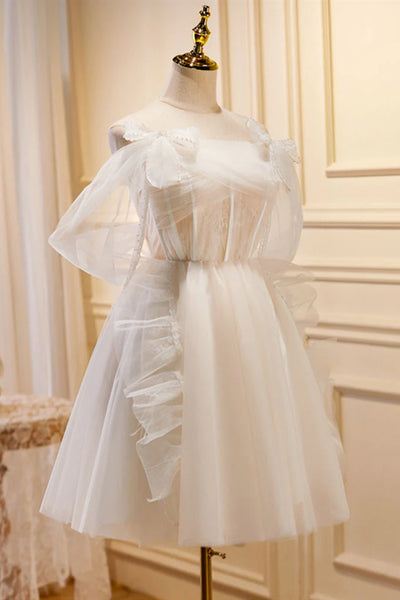 Short Light Champagne Tulle Prom Dresses, Short Light Champagne Formal Homecoming Dresses