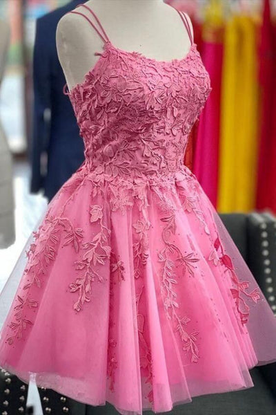 Short Pink Blue Backless Lace Prom Dresses, Short Pink Blue Open Back Formal Homecoming Dresses