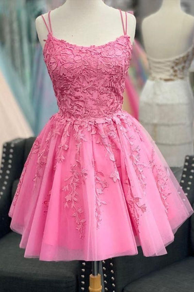 Short Pink Blue Backless Lace Prom Dresses, Short Pink Blue Open Back Formal Homecoming Dresses