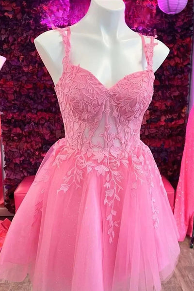 Short Pink Lace Prom Dresses, Short Pink Lace Formal Homecoming Dresses