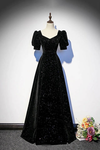 Short Sleeves Black Velvet Long Prom Dresses, Shiny Black Velvet Long Formal Evening Dresses