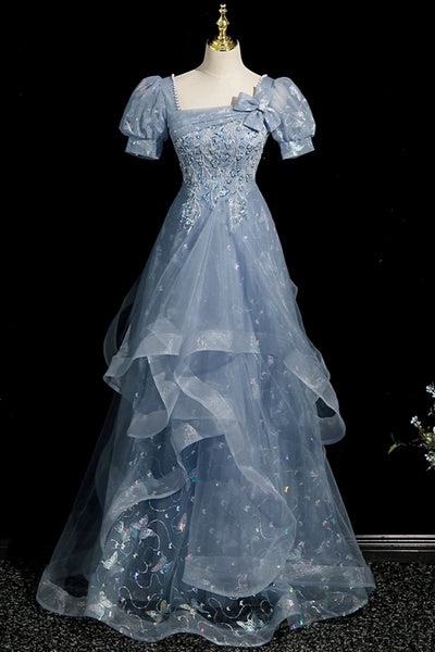 Short Sleeves Blue Beaded Long Lace Prom Dresses, Short Sleeves Blue Lace Long Formal Dresses