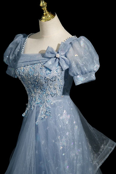 Short Sleeves Blue Beaded Long Lace Prom Dresses, Short Sleeves Blue Lace Long Formal Dresses