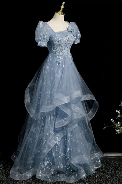 Short Sleeves Blue Beaded Long Lace Prom Dresses, Short Sleeves Blue Lace Long Formal Dresses