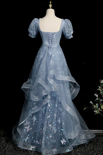 Short Sleeves Blue Beaded Long Lace Prom Dresses, Short Sleeves Blue Lace Long Formal Dresses