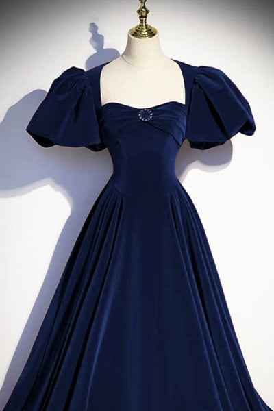 Short Sleeves Dark Navy Blue Long Prom Dresses, Dark Navy Blue Long Formal Evening Dresses