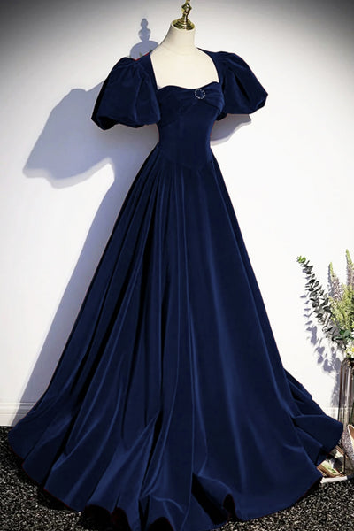 Short Sleeves Dark Navy Blue Long Prom Dresses, Dark Navy Blue Long Formal Evening Dresses
