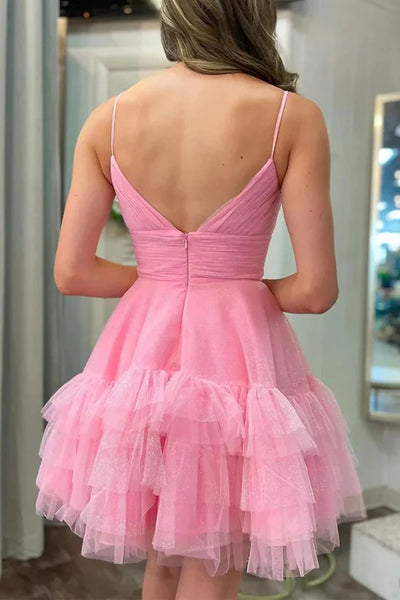 Short V Neck Pink Blue Puffy Prom Dresses, Short V Neck Formal Homecoming Dresses