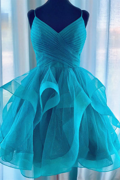 Short V Neck Puffy Teal Burgundy White Pink Prom Dresses, Short V Neck Formal Homecoming Dresses EP2097