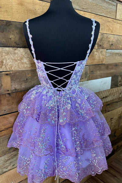 Short V Neck Purple Black Layered Lace Prom Dresses, Layered Lace Formal Homecoming Dresses