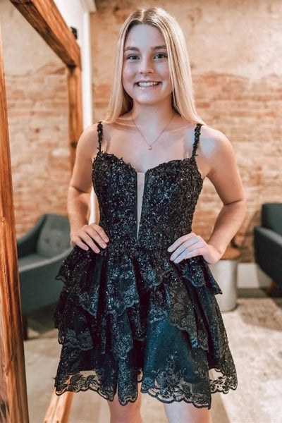 Short V Neck Purple Black Layered Lace Prom Dresses, Layered Lace Formal Homecoming Dresses