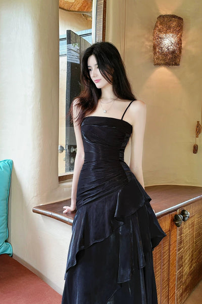 Spaghetti Straps Black Mermaid Long Prom Dresses, Black Long Mermaid Formal Dresses