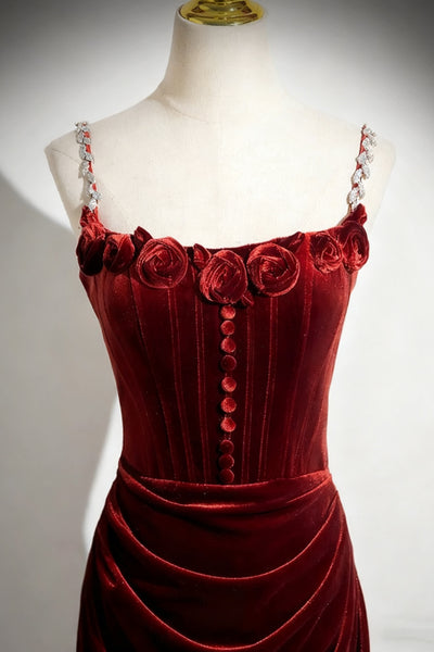  Spaghetti Straps Burgundy Mermaid Velvet Long Prom Dresses, Burgundy Mermaid Long Formal Evening Dresses