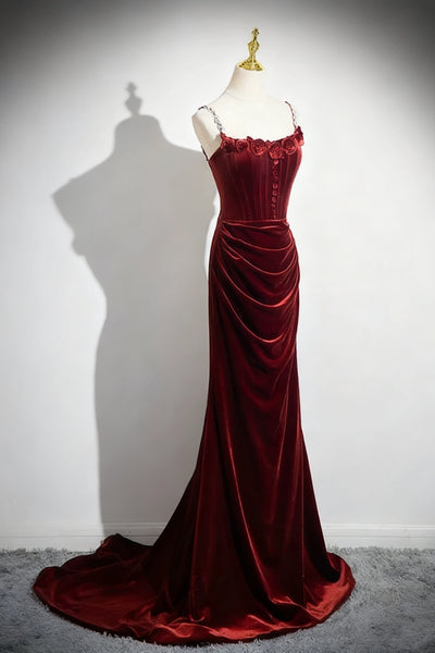  Spaghetti Straps Burgundy Mermaid Velvet Long Prom Dresses, Burgundy Mermaid Long Formal Evening Dresses