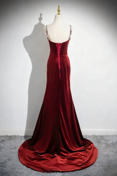  Spaghetti Straps Burgundy Mermaid Velvet Long Prom Dresses, Burgundy Mermaid Long Formal Evening Dresses