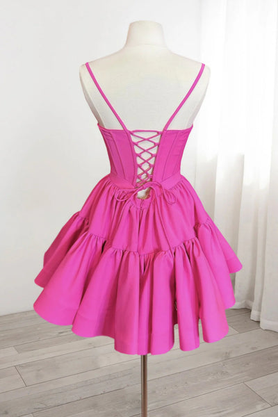 Spaghetti Straps Short Pink Prom Dresses, Short Pink Formal Homecoming Dresses