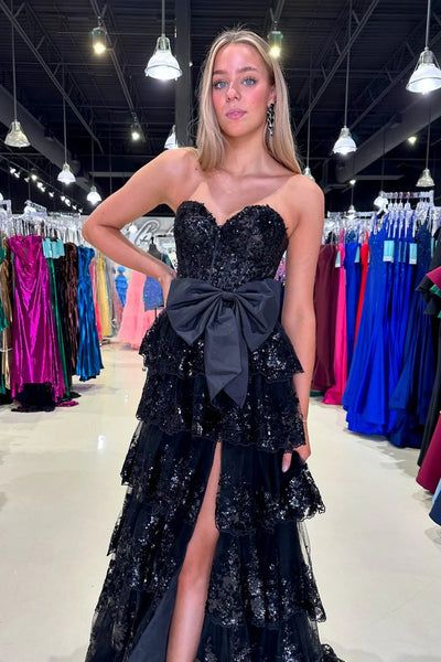 Strapless Black Lace Layered Long Prom Dresses, Black Lace Layered Formal Evening Dresses