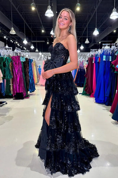 Strapless Black Lace Layered Long Prom Dresses, Black Lace Layered Formal Evening Dresses