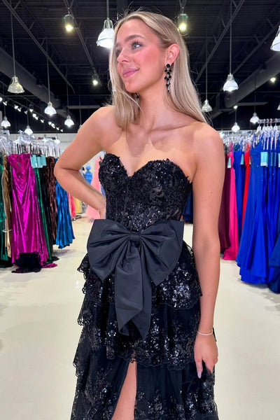 Strapless Black Lace Layered Long Prom Dresses, Black Lace Layered Formal Evening Dresses