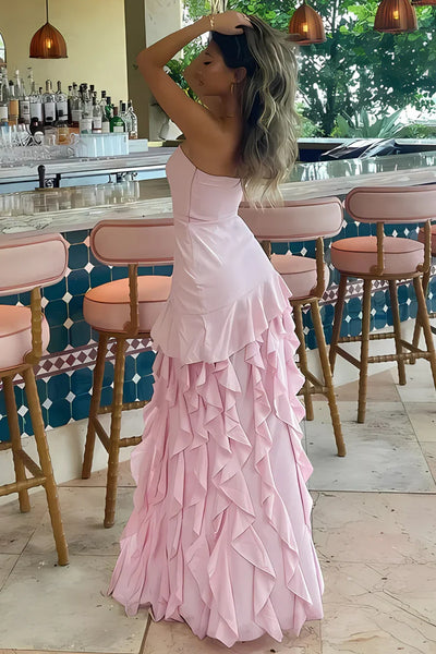 Strapless Black Pink Yellow Layered Long Prom Dresses, Black Pink Yellow Long Formal Dresses