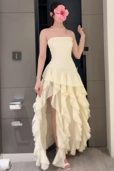 Strapless Black Pink Yellow Layered Long Prom Dresses, Black Pink Yellow Long Formal Dresses