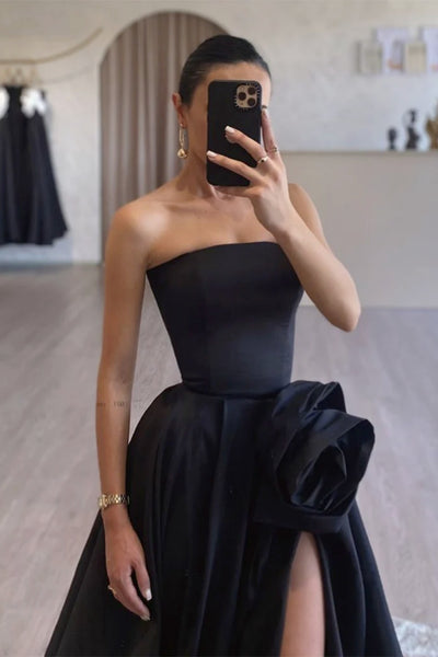 Strapless Black Satin Long Prom Dresses, Strapless Black Long Formal Graduation Dress with High Slit
