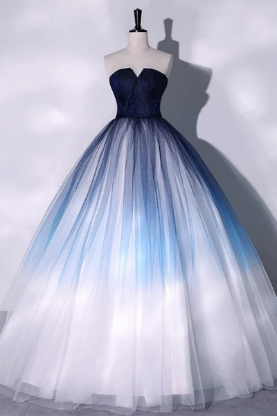 Strapless Blue Ombre Long Prom Dresses, Blue Ombre Long Tulle Formal Dresses