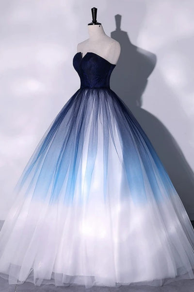 Strapless Blue Ombre Long Prom Dresses, Blue Ombre Long Tulle Formal Dresses