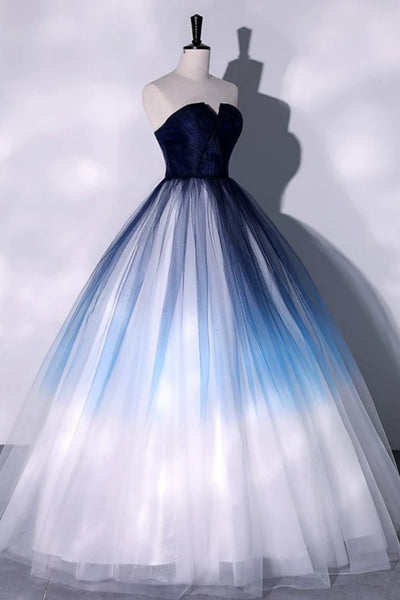 Strapless Blue Ombre Long Prom Dresses, Blue Ombre Long Tulle Formal Dresses