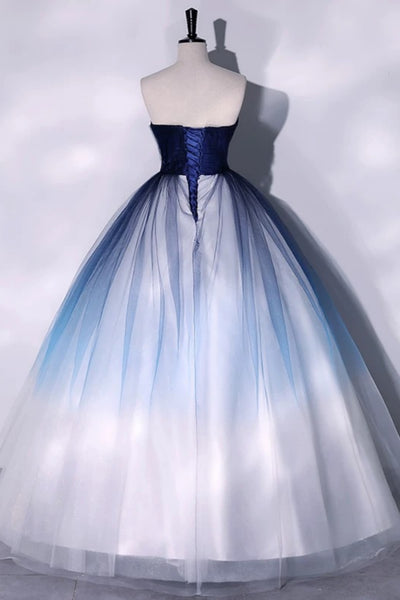 Strapless Blue Ombre Long Prom Dresses, Blue Ombre Long Tulle Formal Dresses