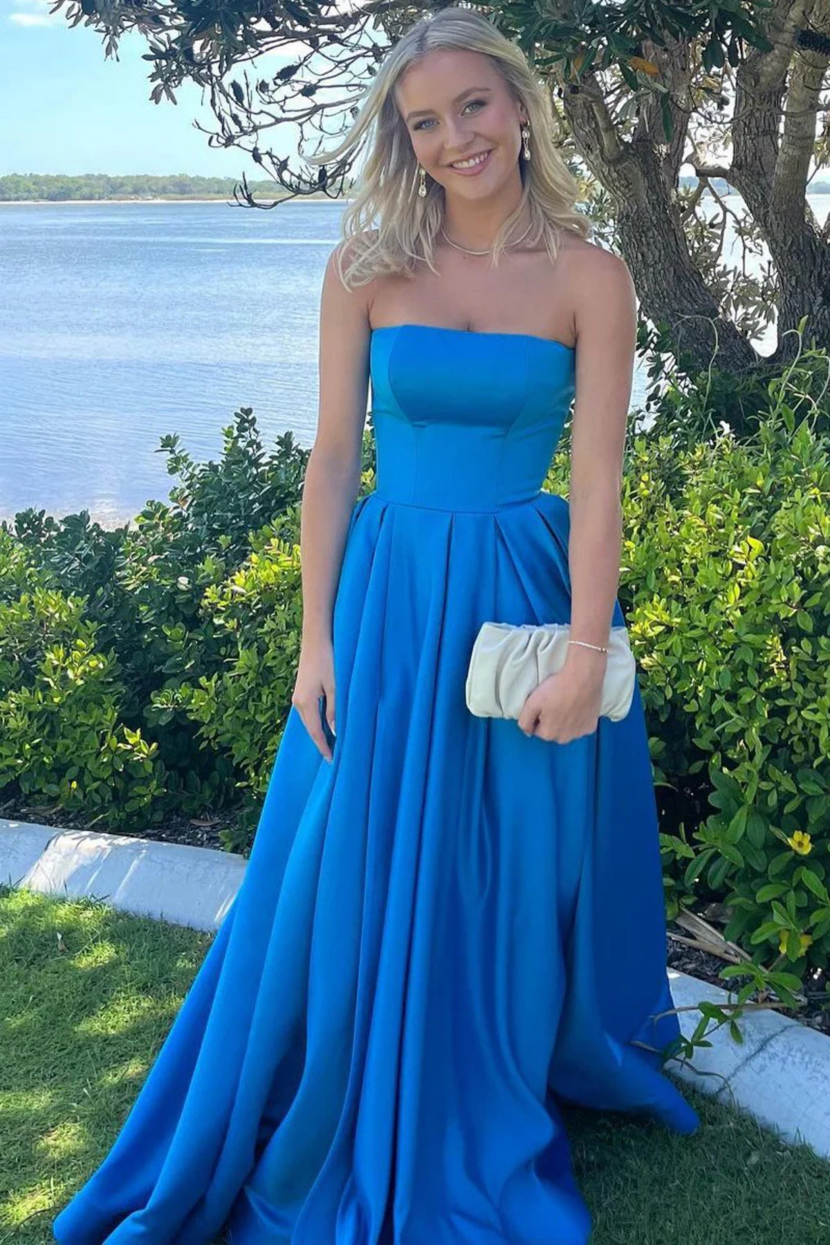 Strapless Blue Satin Long Prom Dresses, Blue Satin Long Formal Evening Dresses