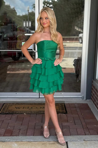 Strapless Dark Green Short Chiffon Prom Dresses, Short Layered Chiffon Formal Homecoming Dresses