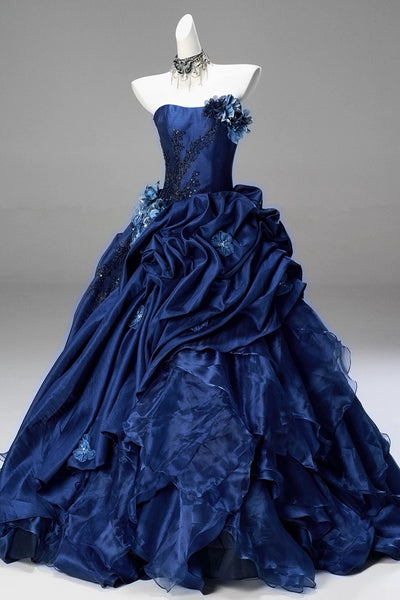Strapless Dark Navy Blue Floral Long Prom Dress with Beading, Dark Navy Blue Long Formal Evening Dresses