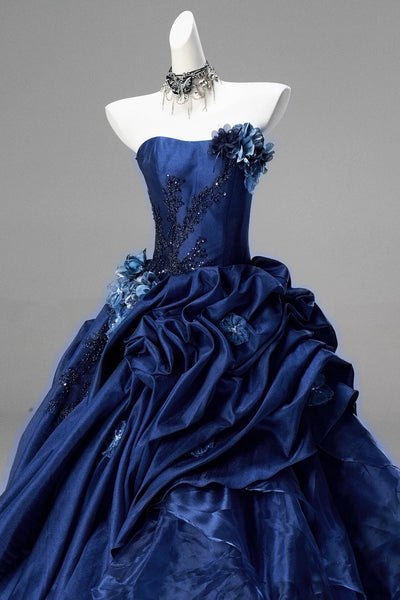 Strapless Dark Navy Blue Floral Long Prom Dress with Beading, Dark Navy Blue Long Formal Evening Dresses