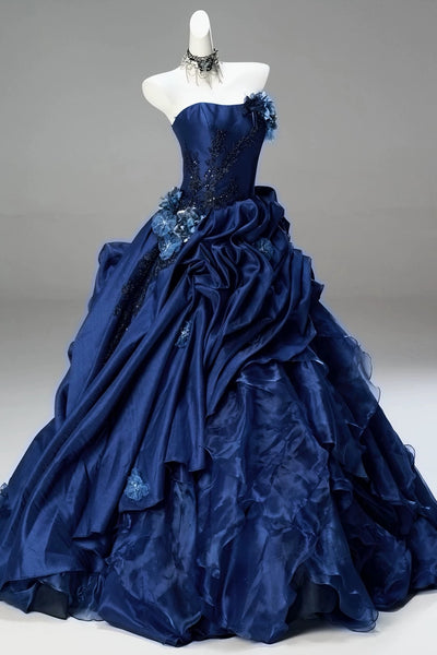 Strapless Dark Navy Blue Floral Long Prom Dress with Beading, Dark Navy Blue Long Formal Evening Dresses