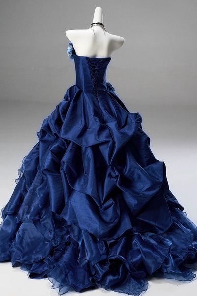 Strapless Dark Navy Blue Floral Long Prom Dress with Beading, Dark Navy Blue Long Formal Evening Dresses