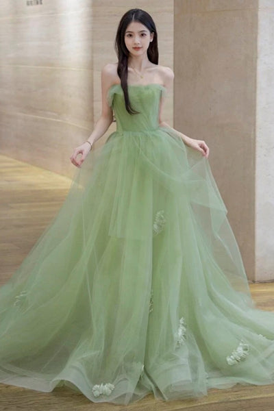 Strapless Green Sage Tulle Long Prom Dresses, Sage Green Long Tulle Formal Evening Dresses