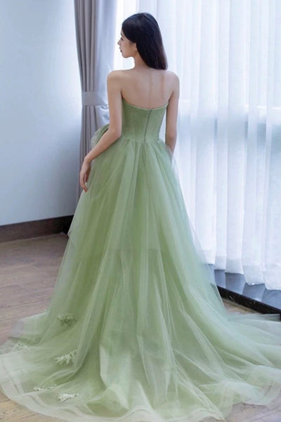 Strapless Green Sage Tulle Long Prom Dresses, Sage Green Long Tulle Formal Evening Dresses