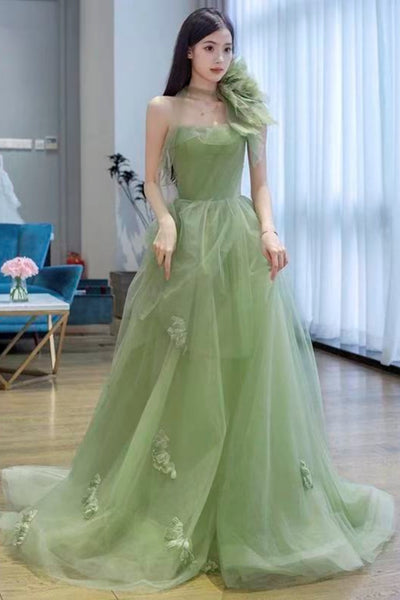 Strapless Green Sage Tulle Long Prom Dresses, Sage Green Long Tulle Formal Evening Dresses